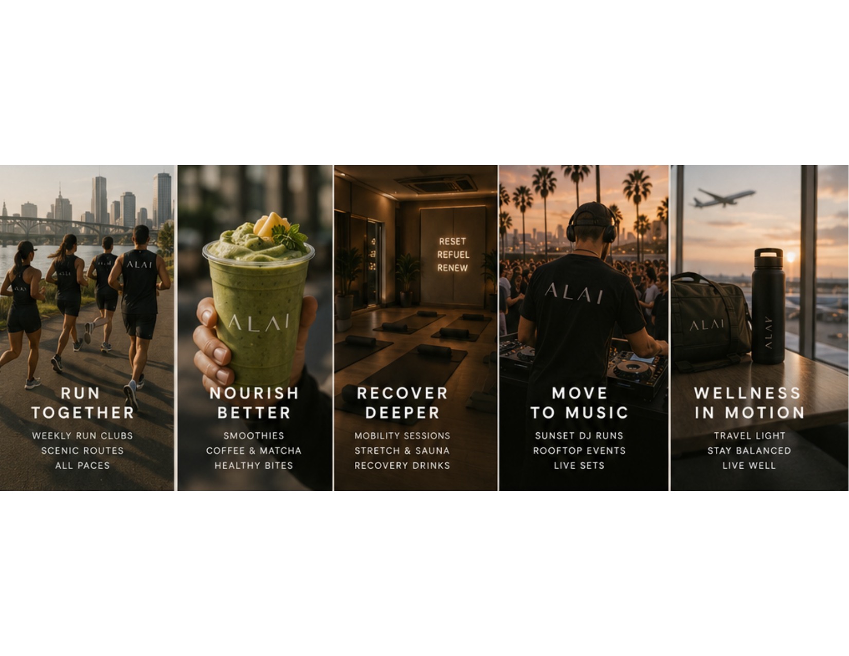 Run Together · Nourish Better · Recover Deeper · Move to Music · Wellness in Motion
